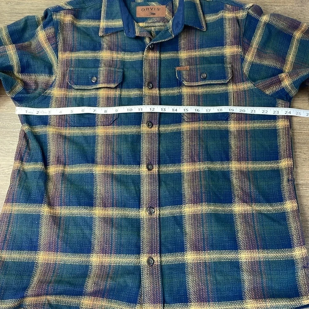 Orvis Men’s Flannel Twill Heavy Green Blue Brown Plaid Shirt Jacket w/Pockets, L
